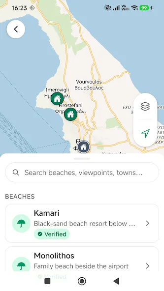 Santorini Bus app destination search showing Kamari and Monolithos