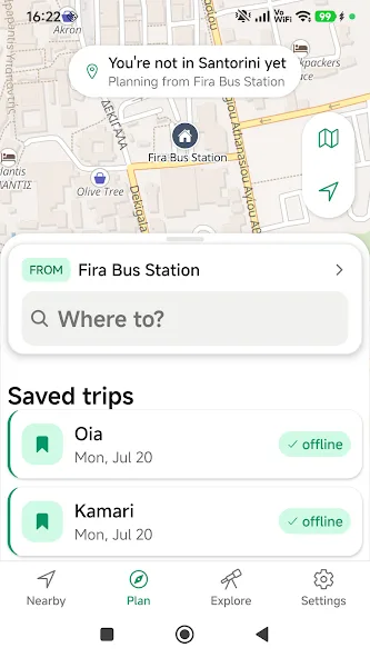 Santorini Bus app planner with Fira as the starting point